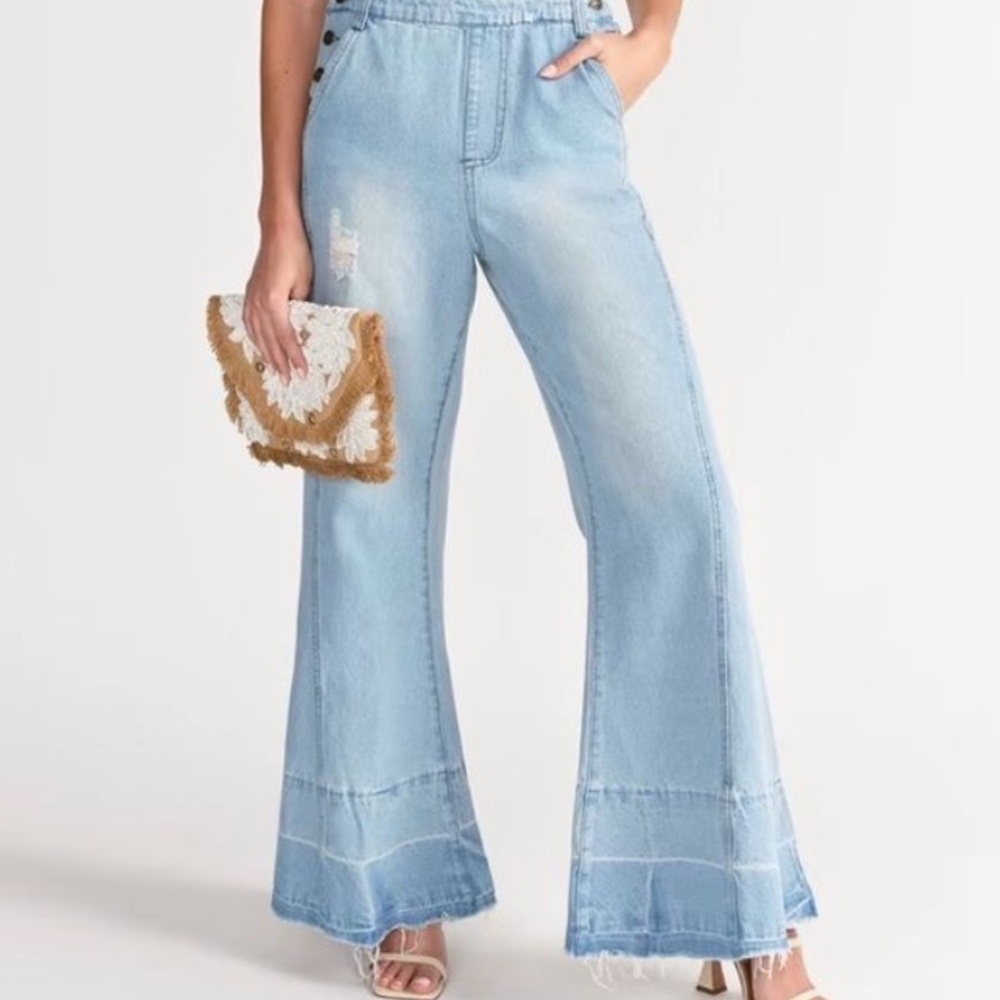 Aaron & Amber Flare Leg Frayed Hem Denim Overall Size Small light washed flared - Picture 3 of 5